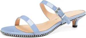 Z.Oufeier Women's Two Strap Low Kitten Heels Studded Sandals Open Toe Heeled Strappy Beaded Buckle Slip On Dressy Mules Shoes